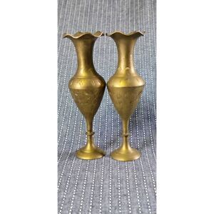 Two Vintage Brass Vases with etched floral and foliage patterns